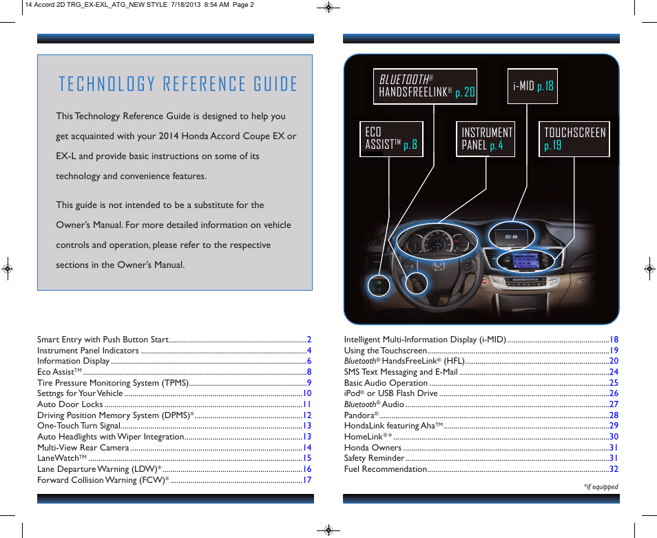 Technology reference guide, Touchscreen p.19 bluetooth, Handsfreelink | P.20 eco assist, P.8 instrument pane l p.4, I-mid p.18 | HONDA 1984 Accord Sedan (EX & EX-L) - Technology Reference Guide User Manual | Page 2 / 18