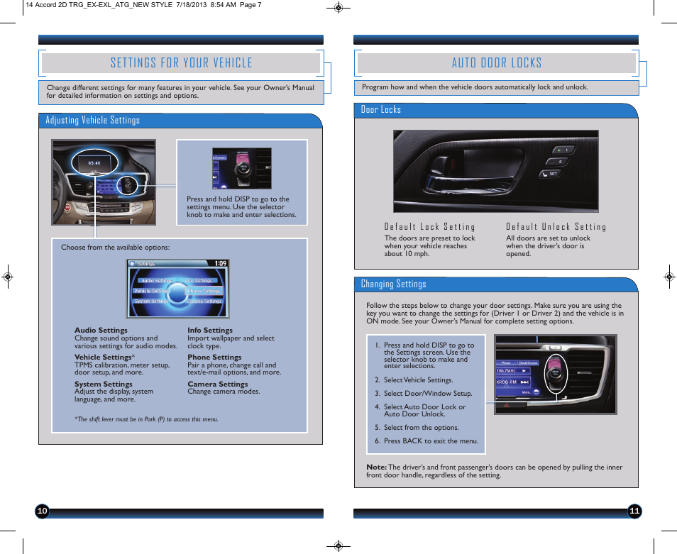 Settings for your vehicle, Auto door locks | HONDA 1984 Accord Sedan (EX & EX-L) - Technology Reference Guide User Manual | Page 7 / 18