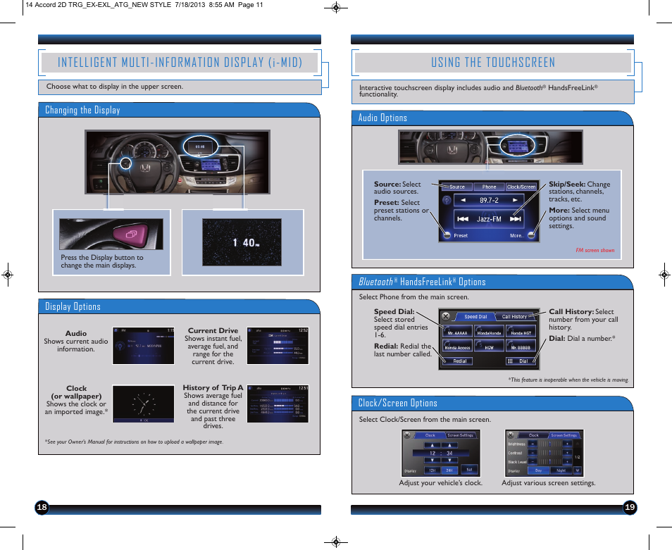 P.19, P.18, Intelligent multi-information display (i-mid) | Using the touchscreen, Display options, Changing the display, Audio options bluetooth, Handsfreelink, Options clock/screen options | HONDA 1984 Accord Coupe (EX & EX-L) - Technology Reference Guide User Manual | Page 11 / 18