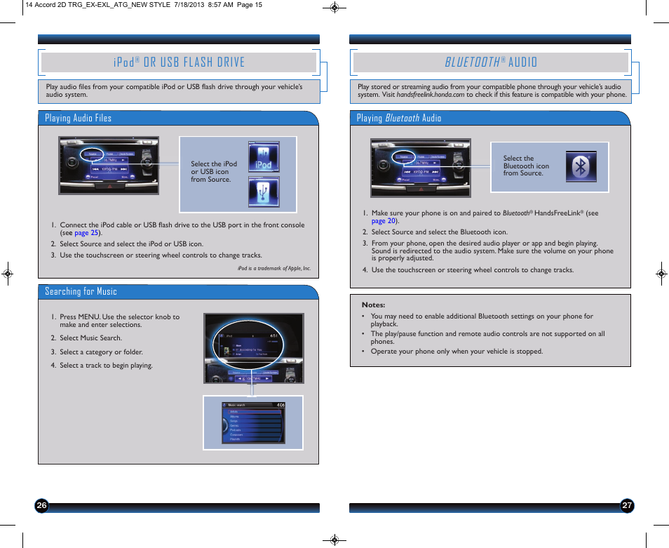 Ipod, Or usb flash drive, Bluetooth | Audio | HONDA 1984 Accord Coupe (EX & EX-L) - Technology Reference Guide User Manual | Page 15 / 18