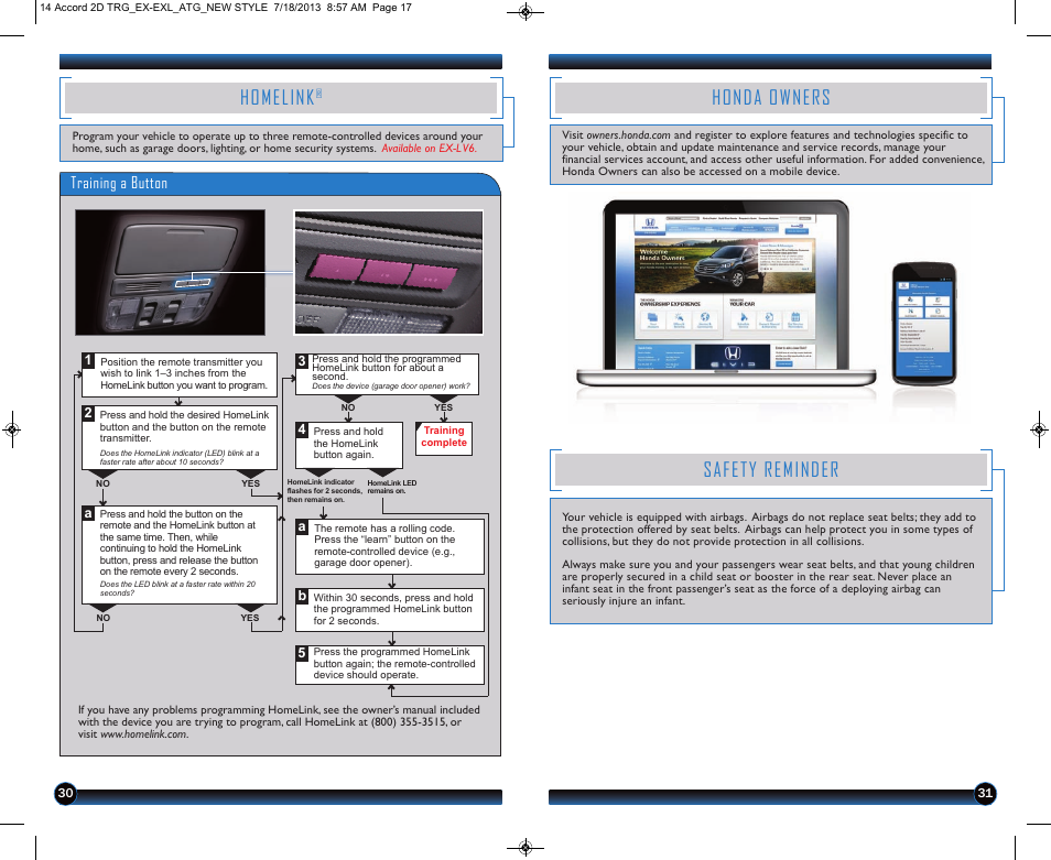 Homelink, Honda owners, Safety reminder | Training a button | HONDA 1984 Accord Coupe (EX & EX-L) - Technology Reference Guide User Manual | Page 17 / 18