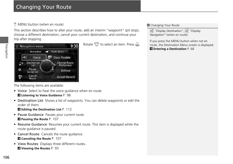 Changing your route 106, Changing your route, 2 changing your route p. 106 | 2 changing your route, P. 106 | HONDA 1984 Accord - Navigation Manual User Manual | Page 107 / 152