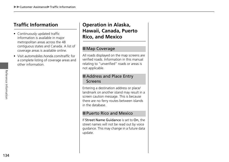 Puerto rico, and mexico, Traffic information | HONDA 1984 Accord - Navigation Manual User Manual | Page 135 / 152