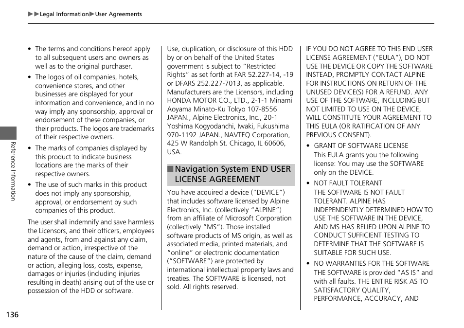 Navigation system end user license agreement | HONDA 1984 Accord - Navigation Manual User Manual | Page 137 / 152
