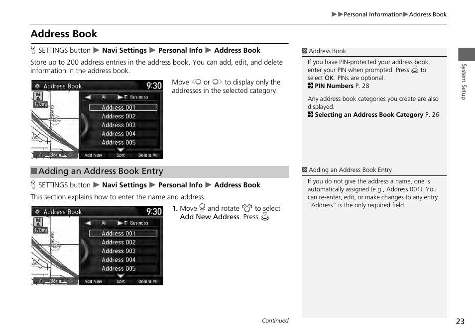 P23), Address book, 2 address book | P. 23, Adding an address book entry | HONDA 1984 Accord - Navigation Manual User Manual | Page 24 / 152