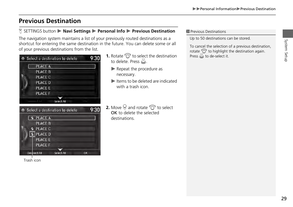 Previous destination, 2 previous destination, P. 29 | HONDA 1984 Accord - Navigation Manual User Manual | Page 30 / 152