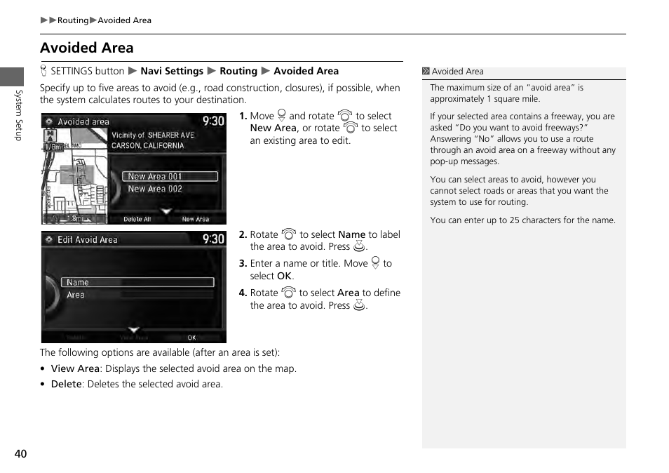 Avoided area, 2 avoided area, P. 40 | HONDA 1984 Accord - Navigation Manual User Manual | Page 41 / 152