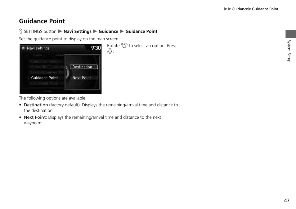 Guidance point, 2 guidance point, P. 47 | HONDA 1984 Accord - Navigation Manual User Manual | Page 48 / 152