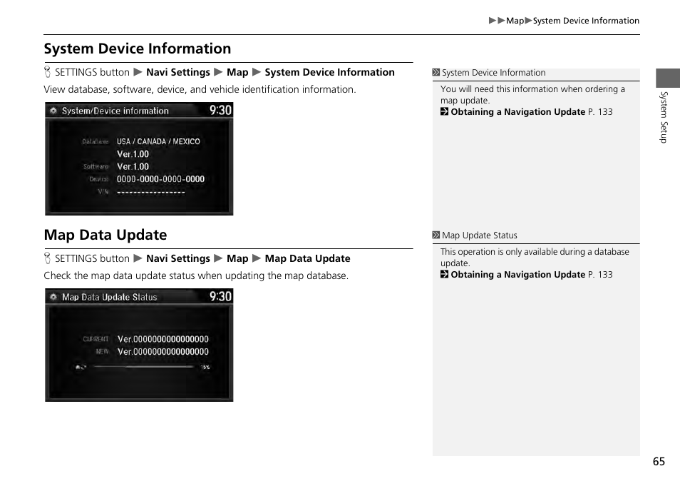 System device information map data update, 2 system device information, P. 65 | 2 map data update, System device information, Map data update | HONDA 1984 Accord - Navigation Manual User Manual | Page 66 / 152