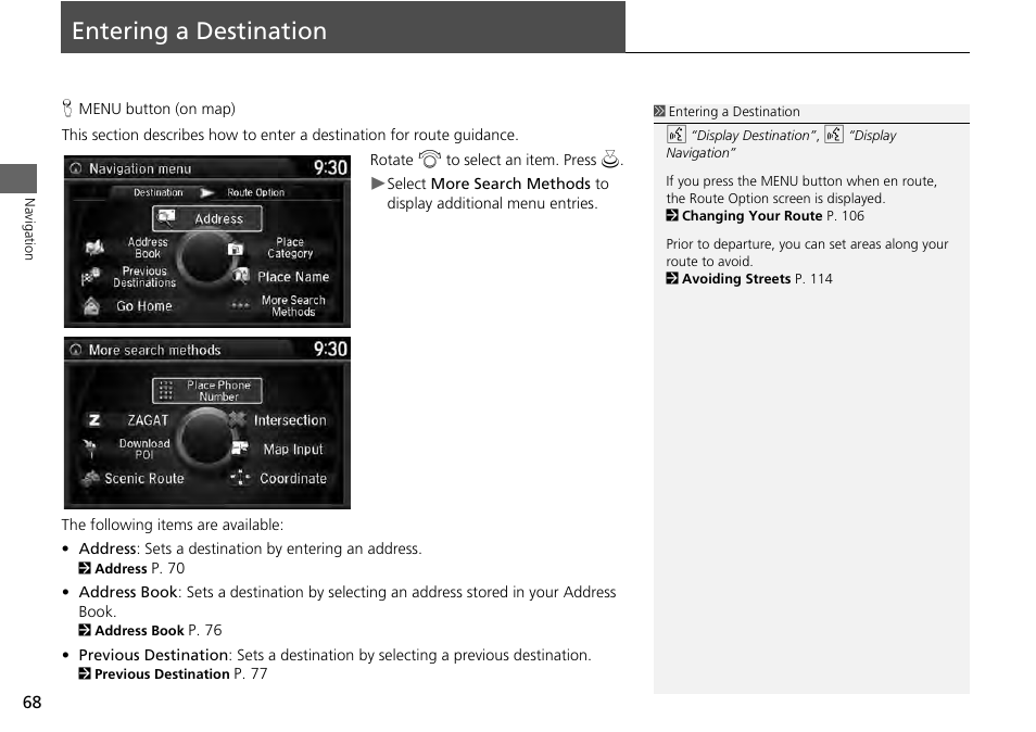 Entering a destination 68, P68), 2 entering a destination | P. 68, Entering a destination | HONDA 1984 Accord - Navigation Manual User Manual | Page 69 / 152