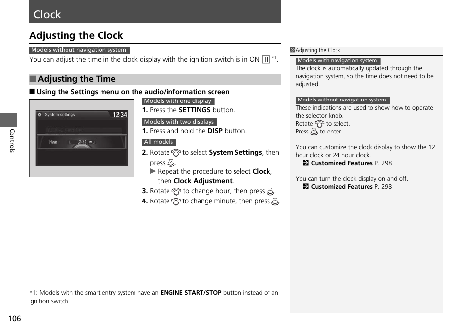 Clock p. 106, P 106, Adjusting the clock (p 106) | Clock, Adjusting the clock, Adjusting the time | HONDA 1984 Accord Sedan - Owner's Manual User Manual | Page 107 / 593