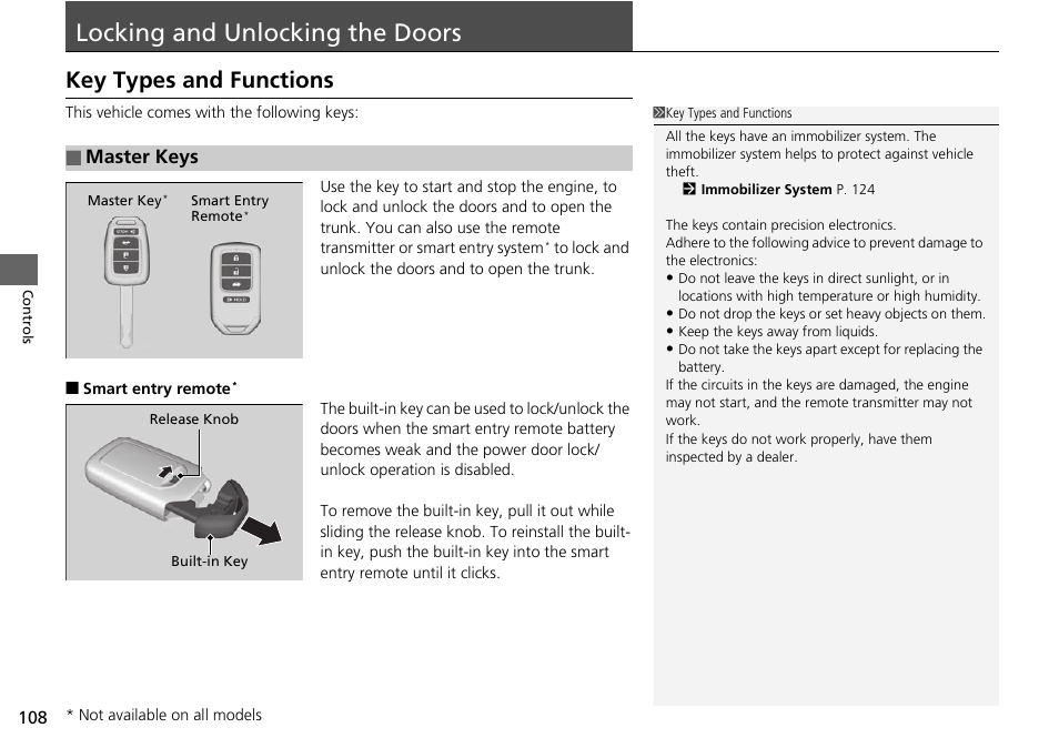 Locking and unlocking the doors p. 108, Locking and unlocking the doors, Key types and functions | Master keys | HONDA 1984 Accord Sedan - Owner's Manual User Manual | Page 109 / 593