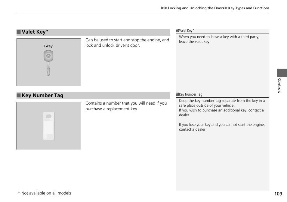 Valet key, Key number tag | HONDA 1984 Accord Sedan - Owner's Manual User Manual | Page 110 / 593