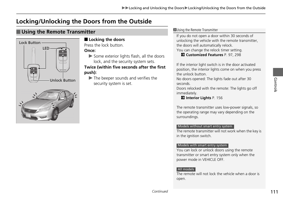 P 111), Locking/unlocking the doors from the outside, Using the remote transmitter | HONDA 1984 Accord Sedan - Owner's Manual User Manual | Page 112 / 593