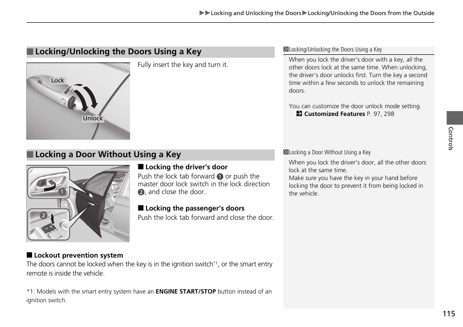 Locking/unlocking the doors using a key, Locking a door without using a key | HONDA 1984 Accord Sedan - Owner's Manual User Manual | Page 116 / 593