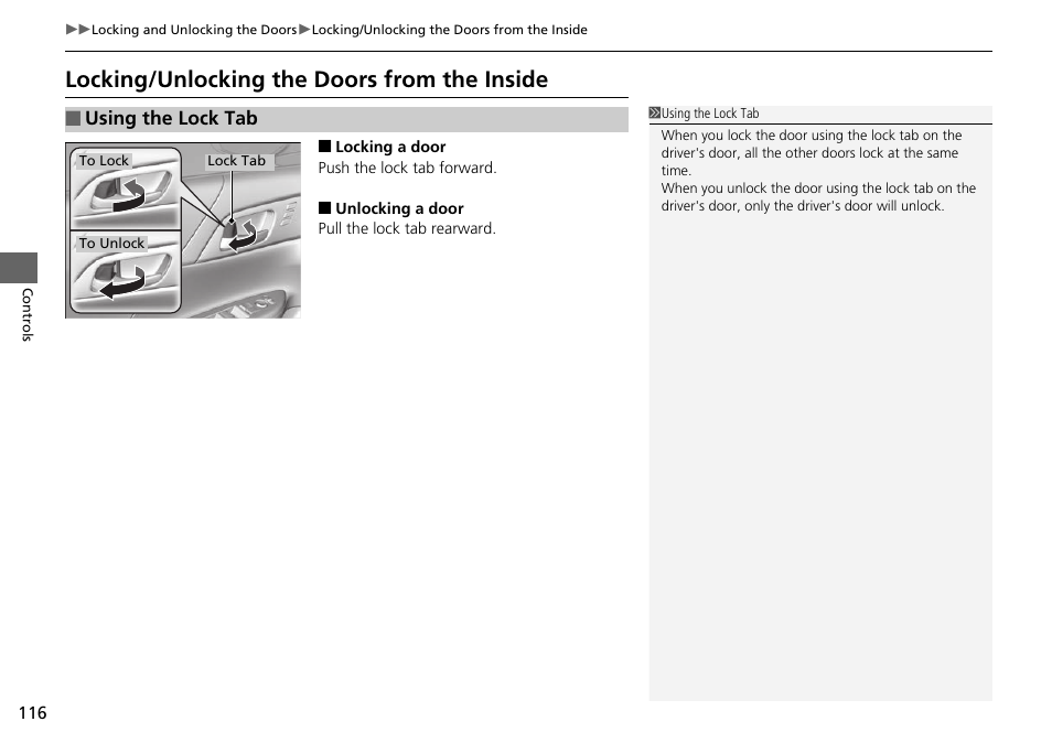 P 116), Locking/unlocking the doors from the inside, Locking/unlocking the doors from the | Inside | HONDA 1984 Accord Sedan - Owner's Manual User Manual | Page 117 / 593