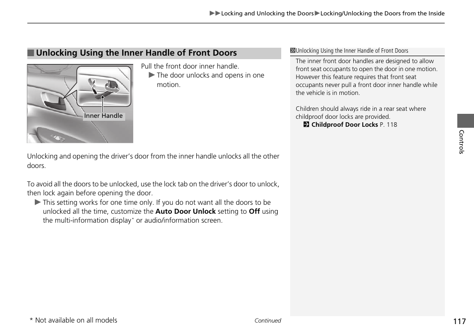 Unlocking using the inner handle of front doors | HONDA 1984 Accord Sedan - Owner's Manual User Manual | Page 118 / 593