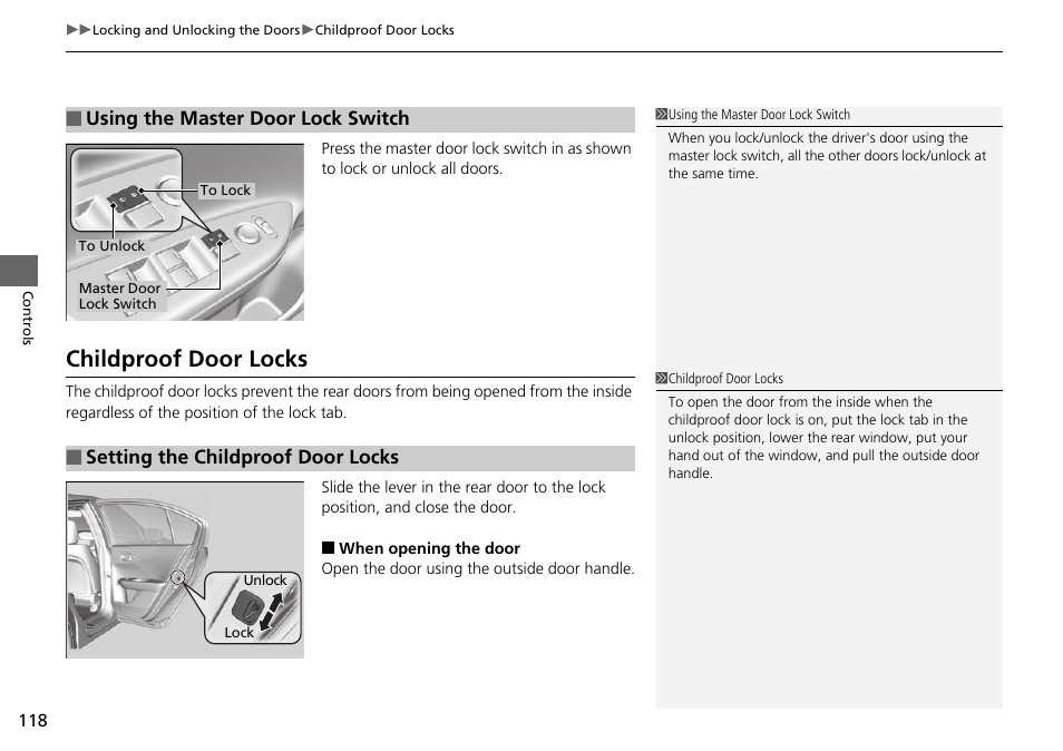 P 118), Childproof door locks | HONDA 1984 Accord Sedan - Owner's Manual User Manual | Page 119 / 593