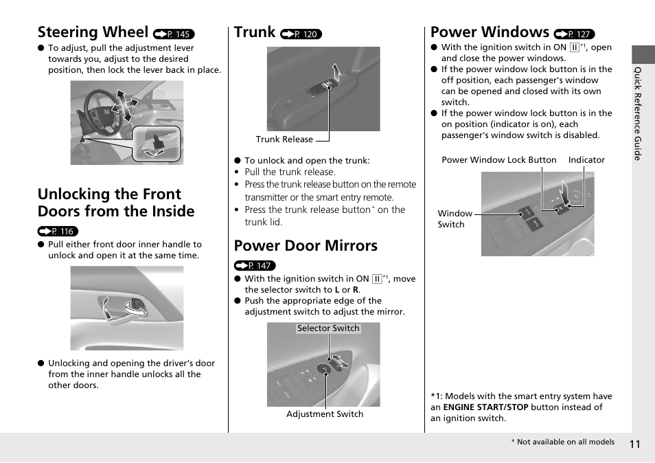 Steering wheel, Unlocking the front doors from the inside, Trunk | Power door mirrors, Power windows | HONDA 1984 Accord Sedan - Owner's Manual User Manual | Page 12 / 593