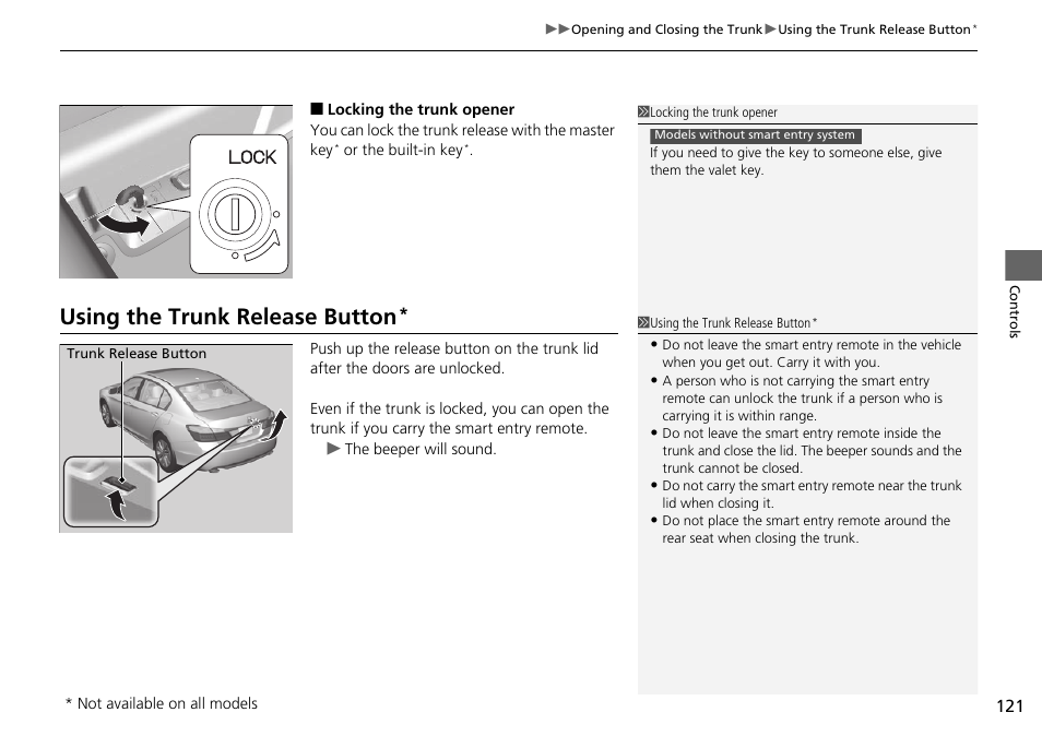 P 121), Using the trunk release button | HONDA 1984 Accord Sedan - Owner's Manual User Manual | Page 122 / 593