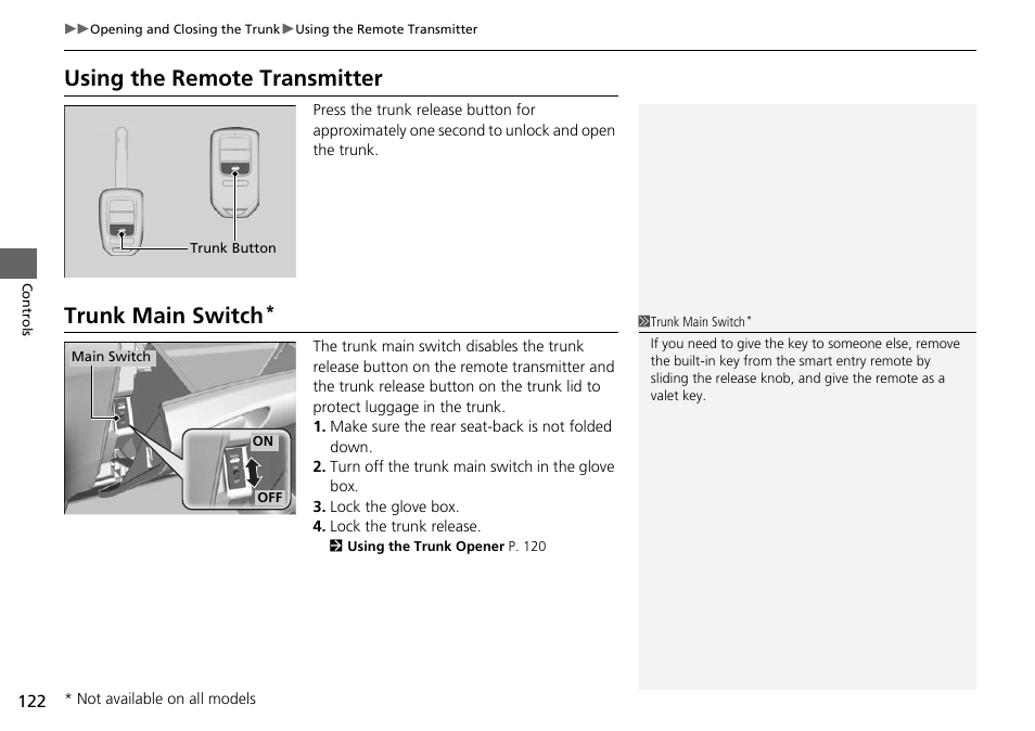 Using the remote transmitter, Trunk main switch | HONDA 1984 Accord Sedan - Owner's Manual User Manual | Page 123 / 593