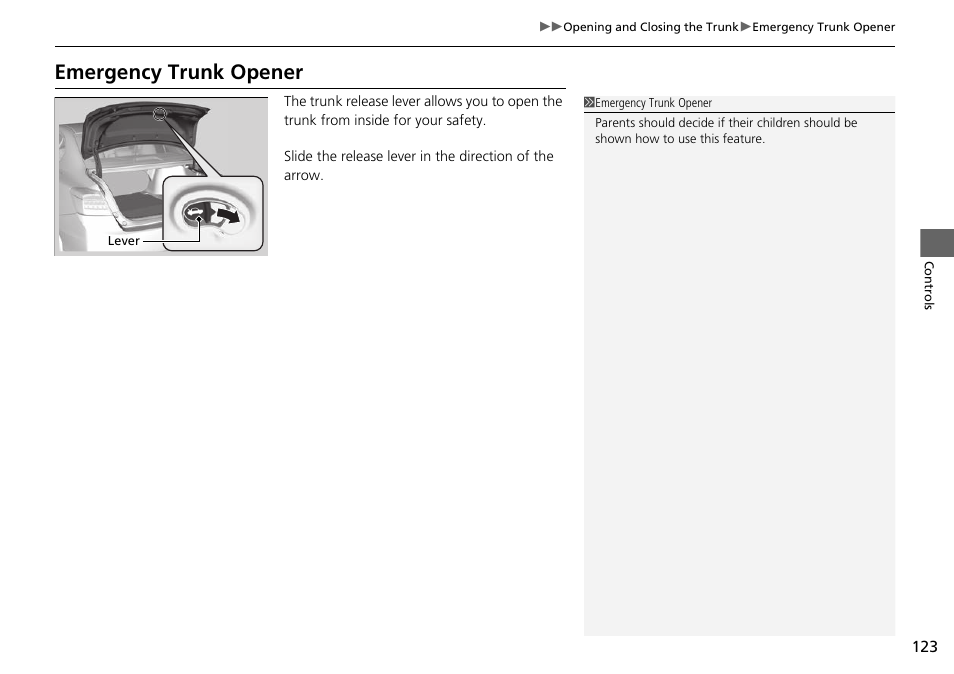 P 123), Emergency trunk opener | HONDA 1984 Accord Sedan - Owner's Manual User Manual | Page 124 / 593