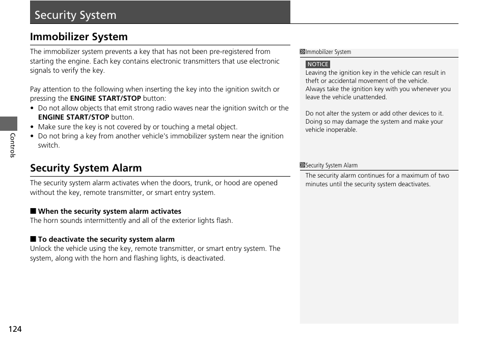 Security system, Immobilizer system security system alarm, Immobilizer system | Security system alarm | HONDA 1984 Accord Sedan - Owner's Manual User Manual | Page 125 / 593