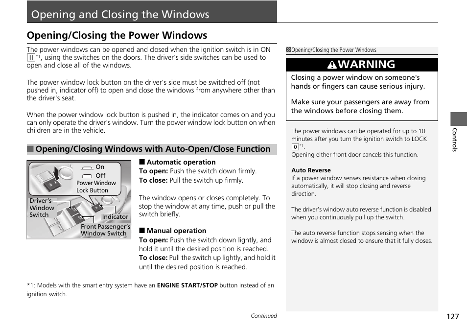 Opening and closing the windows, P 127, Warning | Opening/closing the power windows | HONDA 1984 Accord Sedan - Owner's Manual User Manual | Page 128 / 593