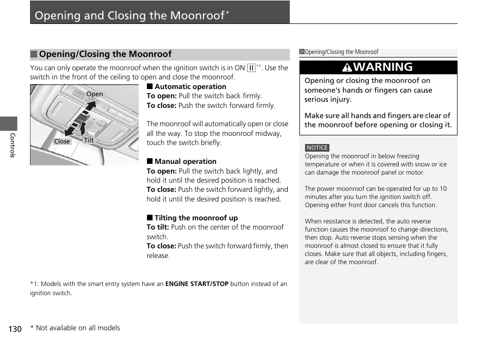 Opening and closing the moonroof, P 130), Warning | HONDA 1984 Accord Sedan - Owner's Manual User Manual | Page 131 / 593