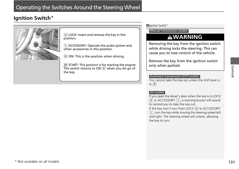 P 131, Operating the switches around the, Steering wheel | Ignition switch, Operating the switches around the steering wheel, Warning | HONDA 1984 Accord Sedan - Owner's Manual User Manual | Page 132 / 593