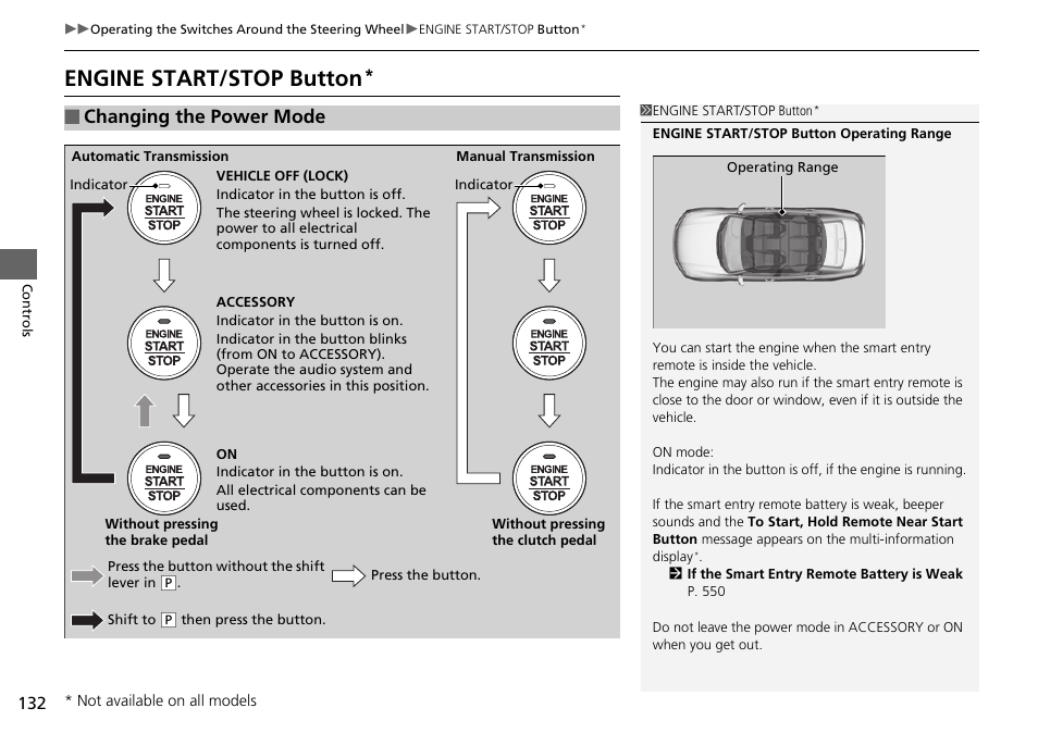 P 132, Engine start/stop button, Changing the power mode | HONDA 1984 Accord Sedan - Owner's Manual User Manual | Page 133 / 593