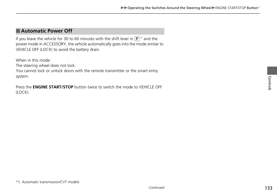 Automatic power off | HONDA 1984 Accord Sedan - Owner's Manual User Manual | Page 134 / 593