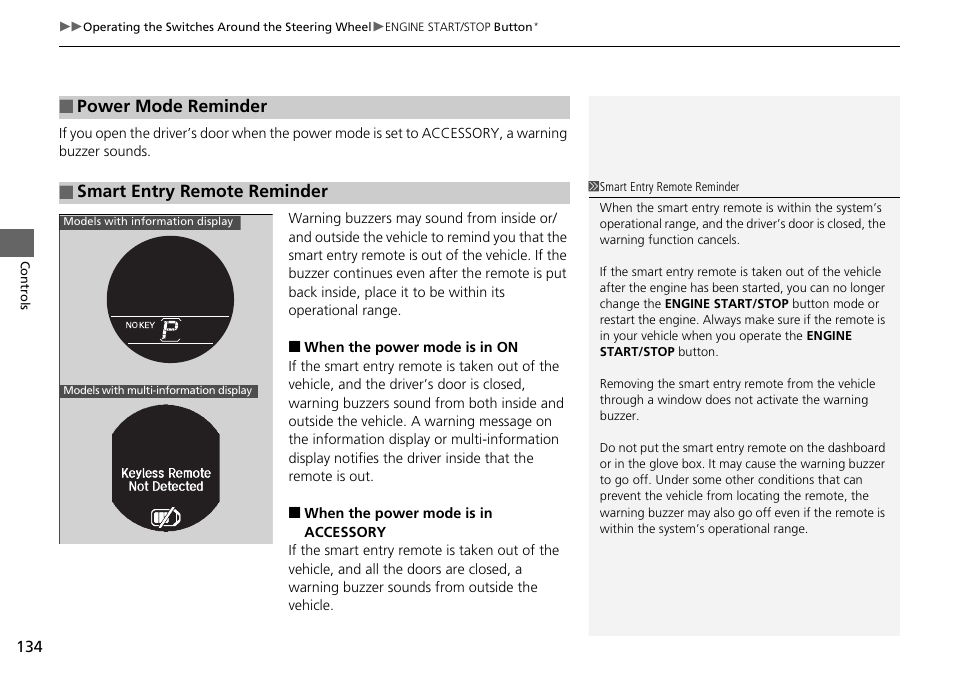 Smart entry remote reminder p. 134, Power mode reminder, Smart entry remote reminder | HONDA 1984 Accord Sedan - Owner's Manual User Manual | Page 135 / 593