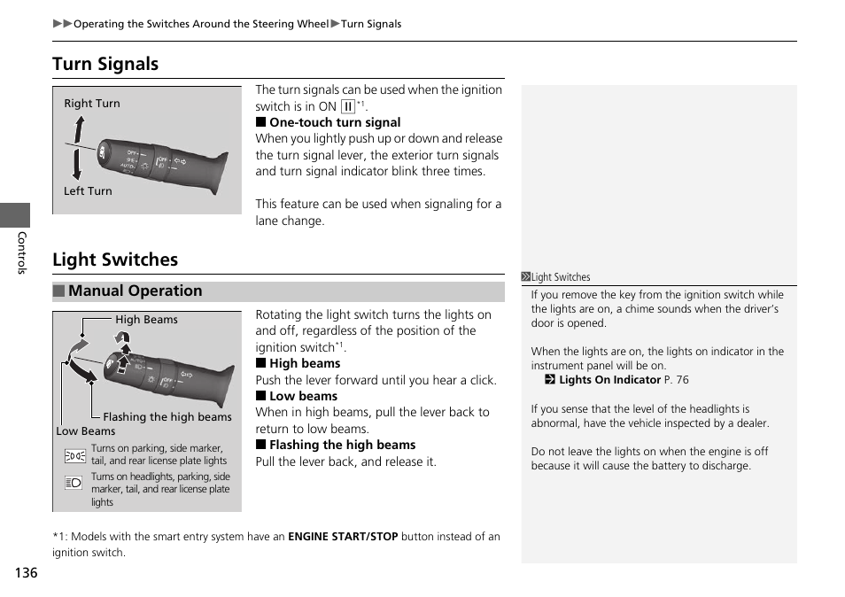 P 136), P 136, Turn signals light switches | Turn signals, Light switches, Manual operation | HONDA 1984 Accord Sedan - Owner's Manual User Manual | Page 137 / 593