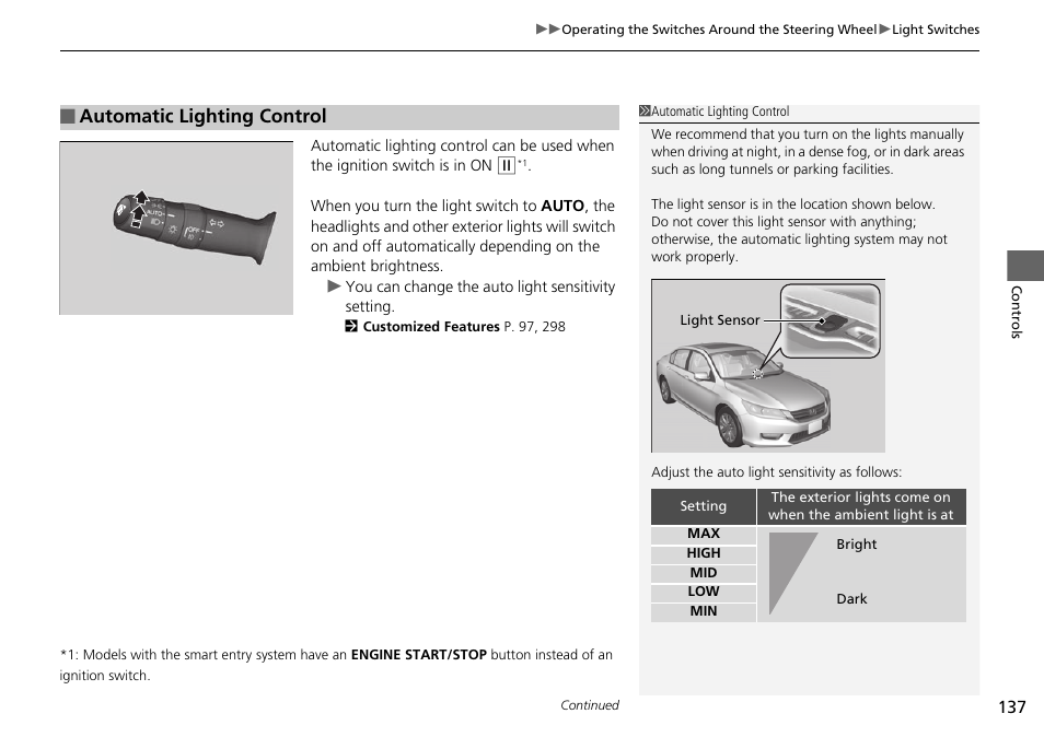 Automatic lighting control | HONDA 1984 Accord Sedan - Owner's Manual User Manual | Page 138 / 593