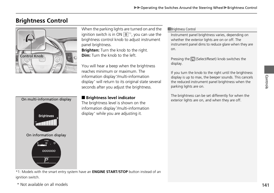 P 141), Brightness control | HONDA 1984 Accord Sedan - Owner's Manual User Manual | Page 142 / 593