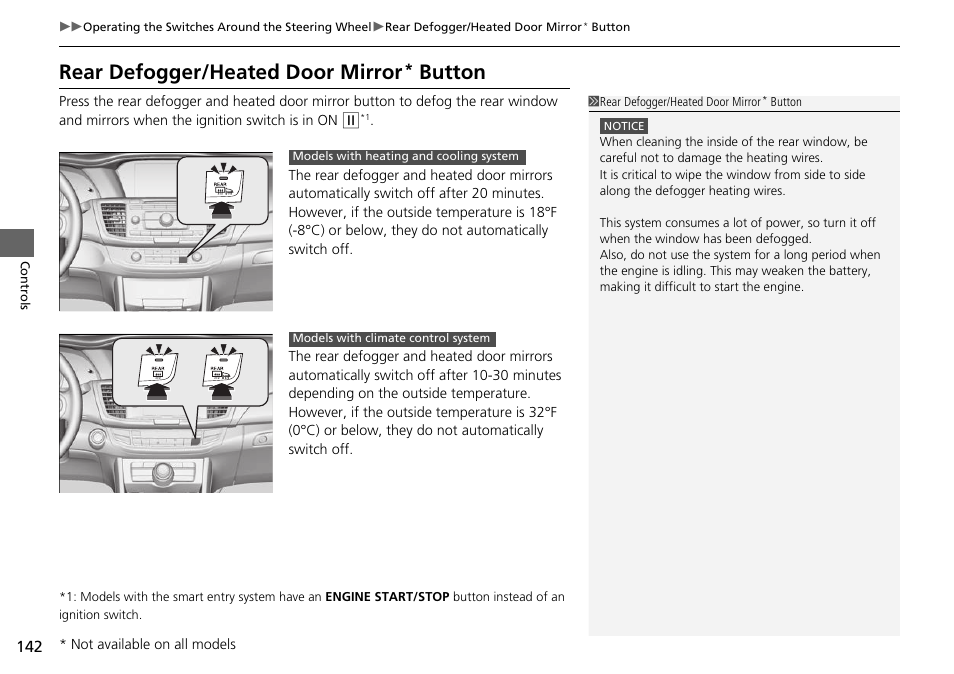 P 142), Rear defogger/heated door mirror, Button | HONDA 1984 Accord Sedan - Owner's Manual User Manual | Page 143 / 593