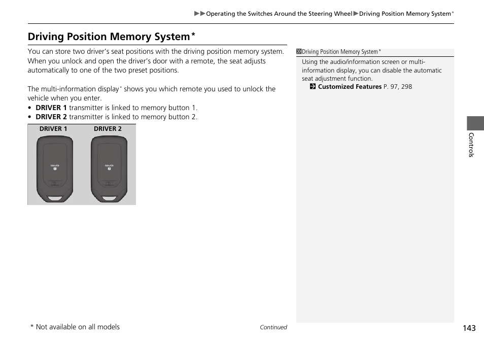 Driving position memory system | HONDA 1984 Accord Sedan - Owner's Manual User Manual | Page 144 / 593