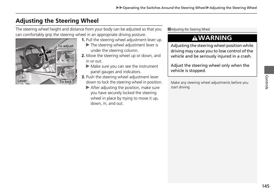 P 145), Adjusting the steering wheel, Warning | HONDA 1984 Accord Sedan - Owner's Manual User Manual | Page 146 / 593