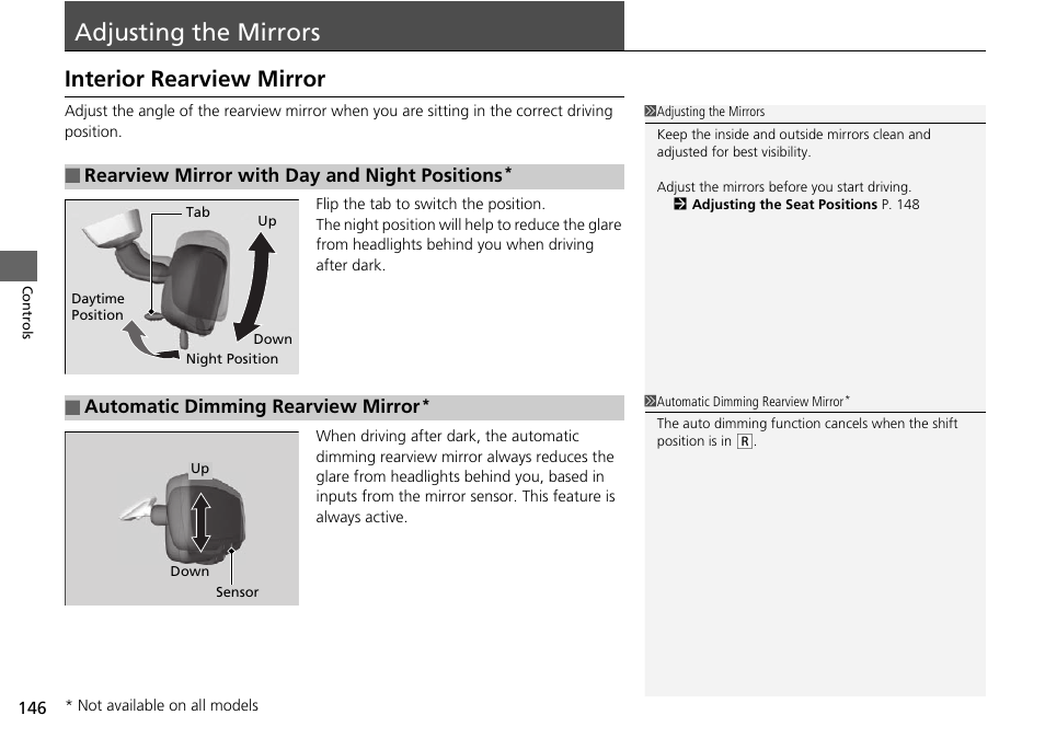 Adjusting the mirrors, P 146, Interior rearview mirror | HONDA 1984 Accord Sedan - Owner's Manual User Manual | Page 147 / 593