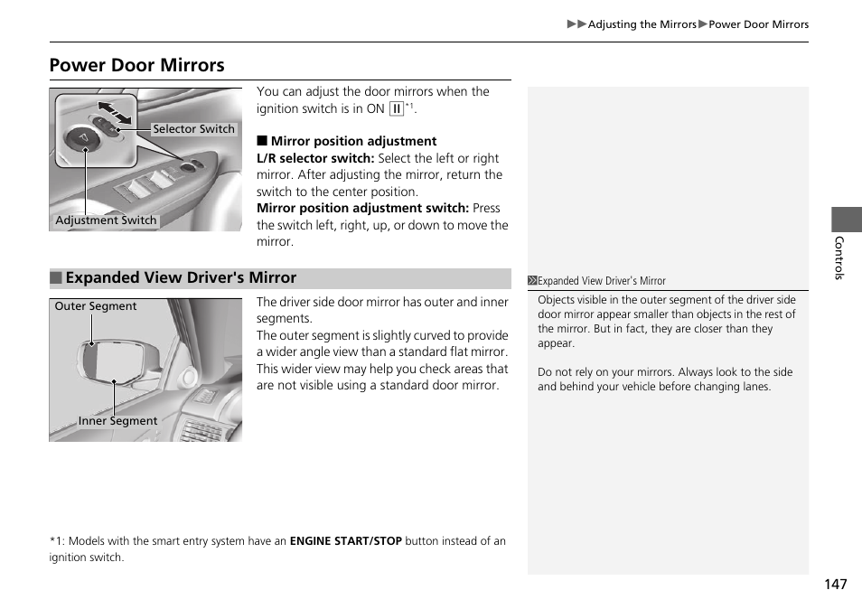 P 147), P 147, Power door mirrors | Expanded view driver's mirror | HONDA 1984 Accord Sedan - Owner's Manual User Manual | Page 148 / 593