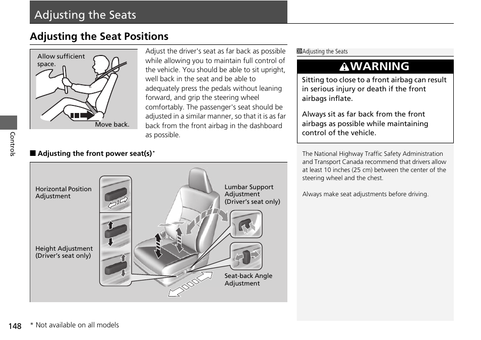 Adjusting the seats, P 148), Adjusting the seats p. 148 | Adjusting the seat positions, Warning | HONDA 1984 Accord Sedan - Owner's Manual User Manual | Page 149 / 593