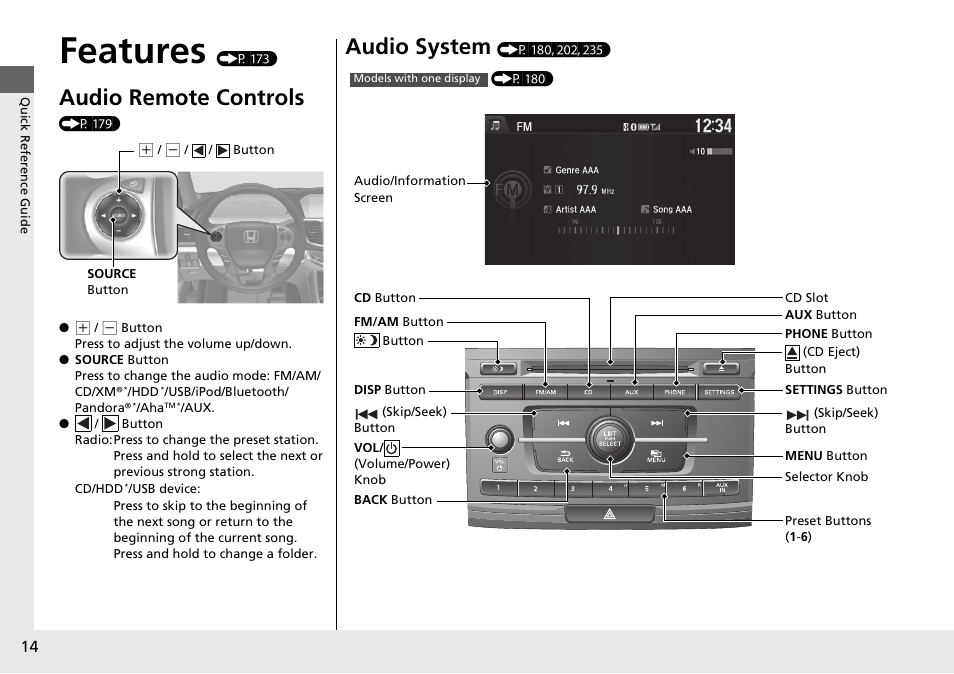 Features (p 173), Features, Audio remote controls | Audio system | HONDA 1984 Accord Sedan - Owner's Manual User Manual | Page 15 / 593