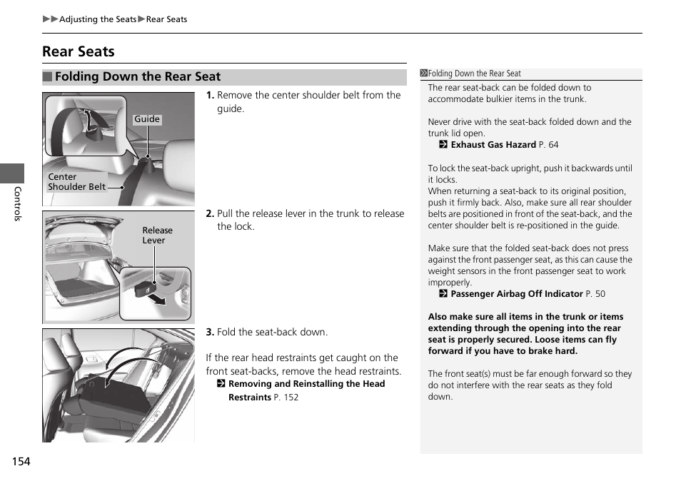 Rear seats, Folding down the rear seat | HONDA 1984 Accord Sedan - Owner's Manual User Manual | Page 155 / 593