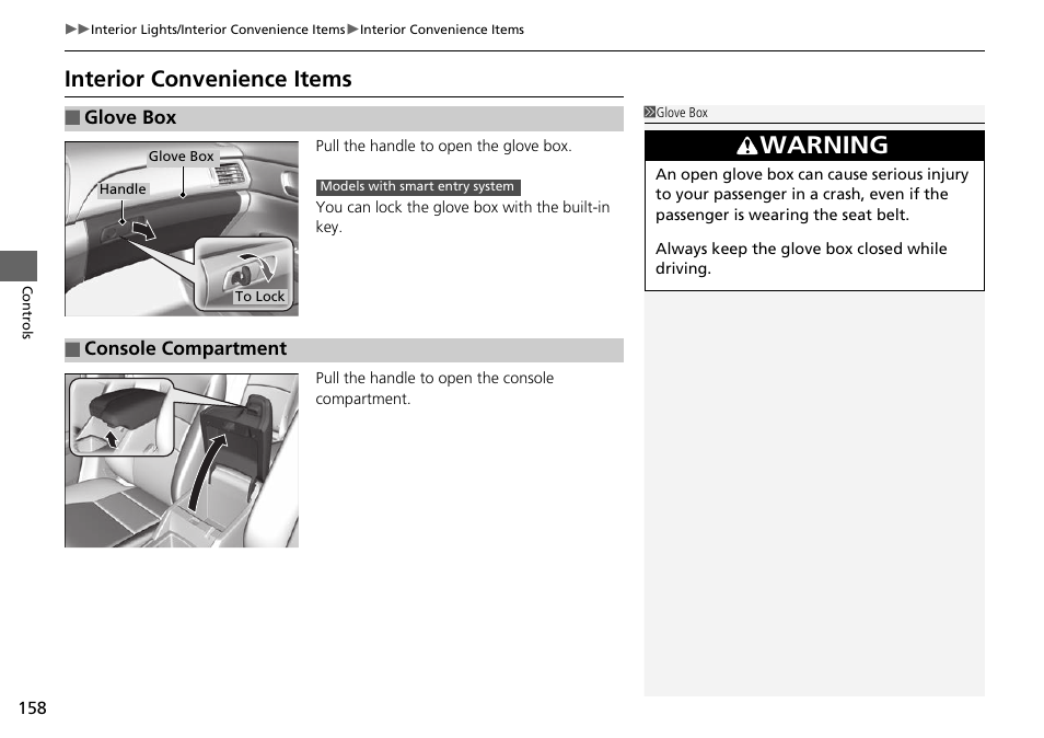 P 158), Warning, Interior convenience items | HONDA 1984 Accord Sedan - Owner's Manual User Manual | Page 159 / 593