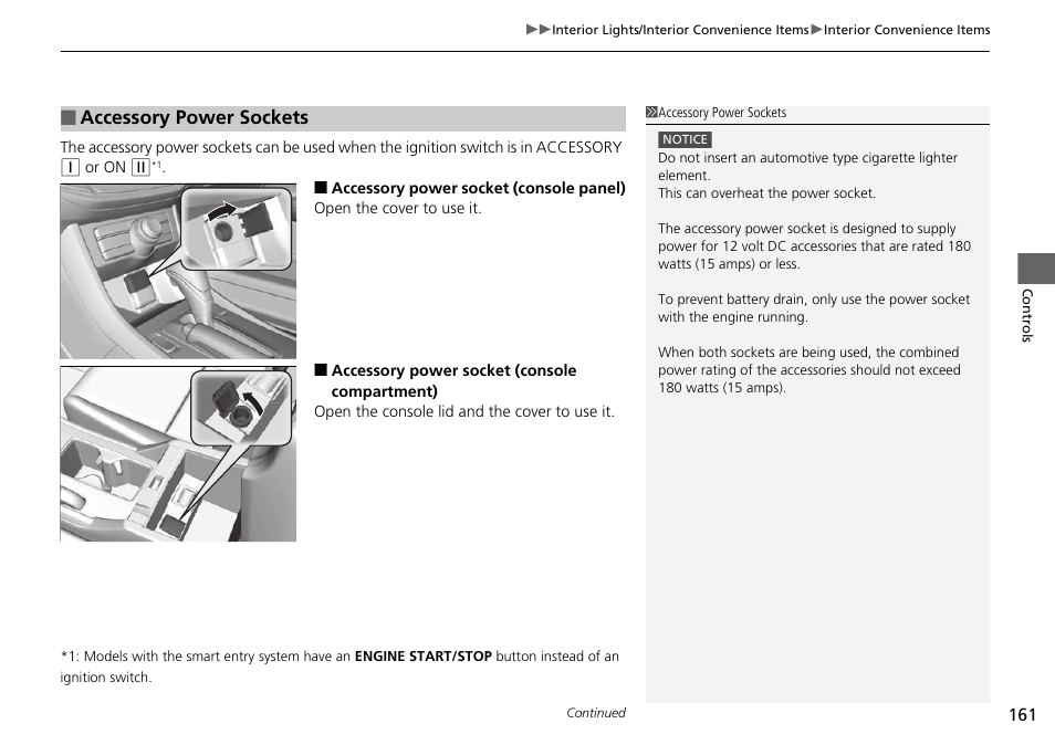 P 161), Accessory power sockets | HONDA 1984 Accord Sedan - Owner's Manual User Manual | Page 162 / 593