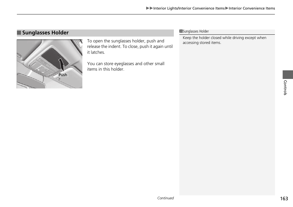 P 163), Sunglasses holder | HONDA 1984 Accord Sedan - Owner's Manual User Manual | Page 164 / 593