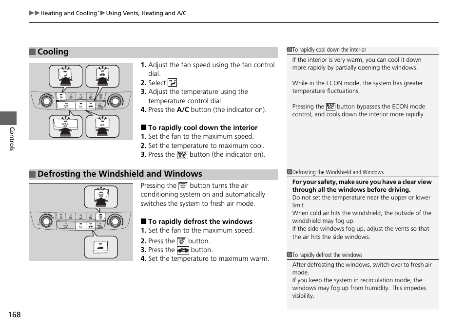 Cooling, Defrosting the windshield and windows | HONDA 1984 Accord Sedan - Owner's Manual User Manual | Page 169 / 593