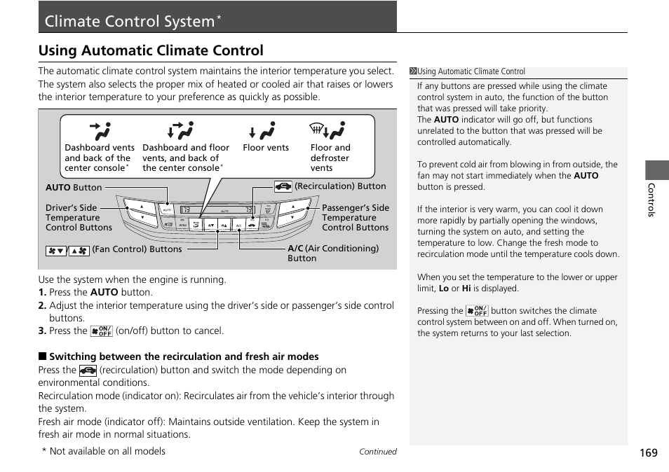 Climate control system, P. 169, P 169) | Using automatic climate control | HONDA 1984 Accord Sedan - Owner's Manual User Manual | Page 170 / 593