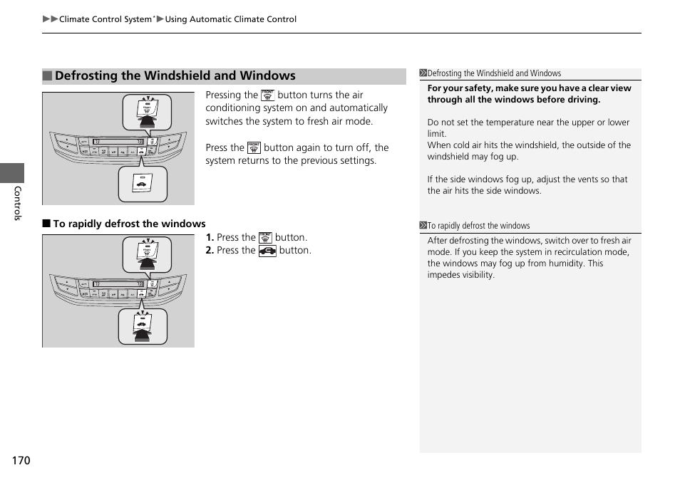 Defrosting the windshield and windows | HONDA 1984 Accord Sedan - Owner's Manual User Manual | Page 171 / 593